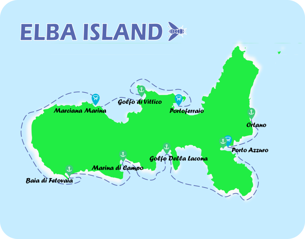 best anchorages & marinas on Elba Island map en