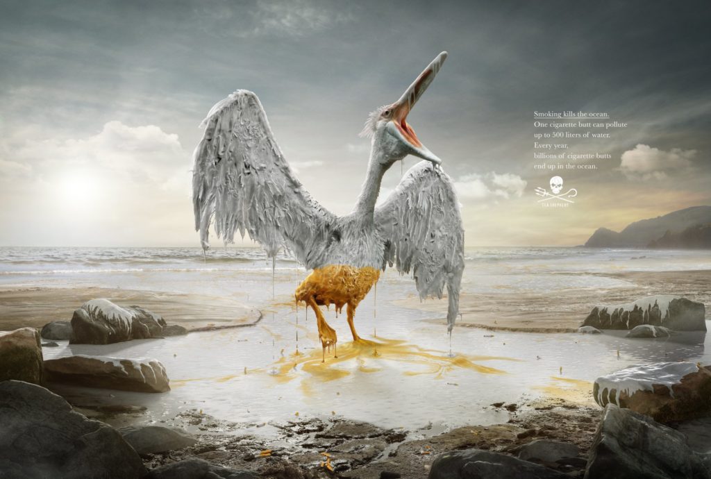 Sea Shepherd awareness visual on ocean pollution from cigarette butts. June 2019 (Sea Shepherd 2019)