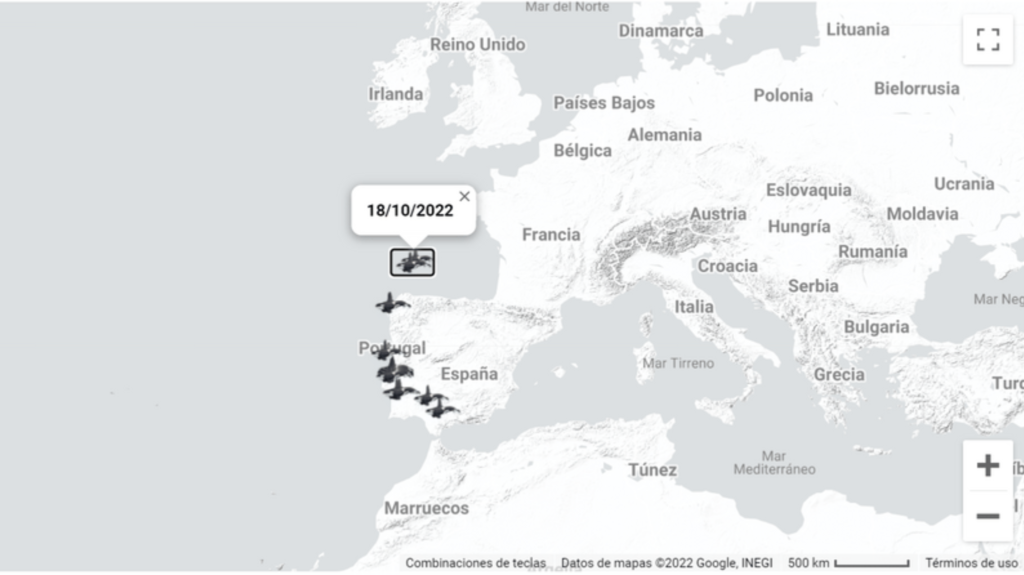 Carte en ligne actualisée des interactions d'orques avec des bateaux​